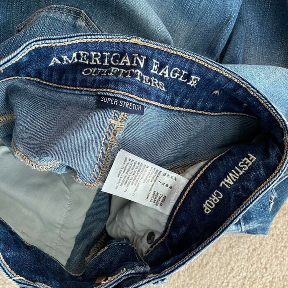 American Eagle Super Stretch 00R Festival Crop Wide Leg Jeans Raw Fringe Hems - Picture 8 of 9